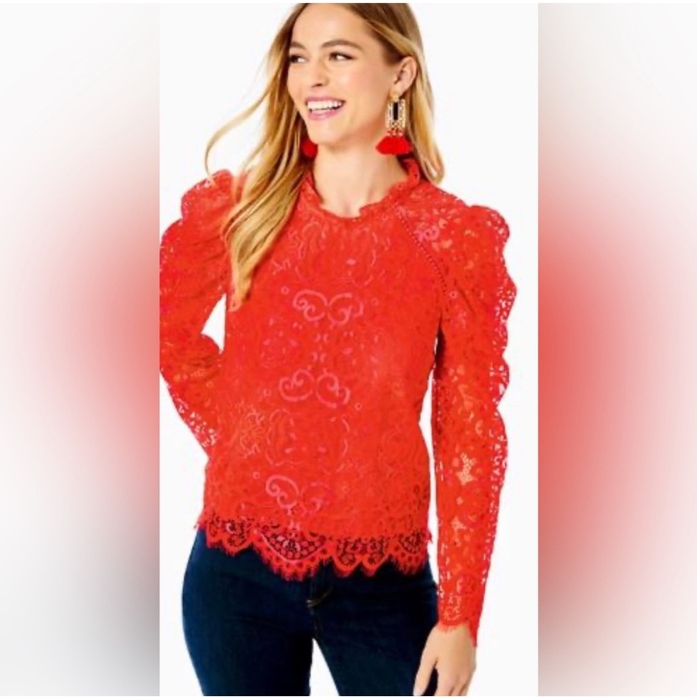 NEW LILLY PULITZER averi long sleeve lace top in ruby red two tone carnival XS